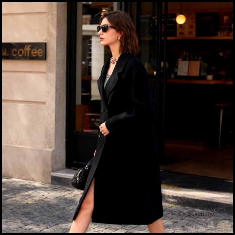 Wool Blend Long Pea Coat Double Breasted Notched Lapel Trench Coat - Picture 3 of 7